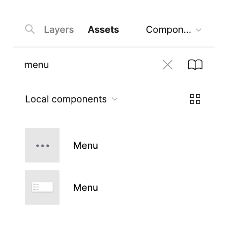 Menu icon and menu in the Assets panel
